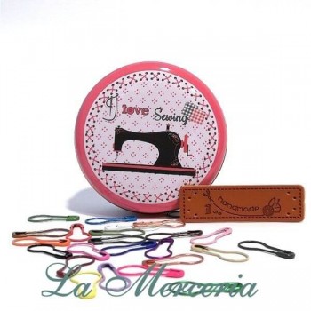 Round Metal Box "Love Sewing" with Metal Markers